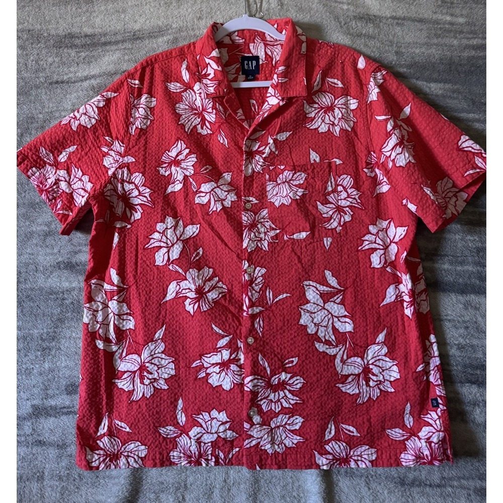 Gap Men's Short Sleeve Seersucker Vacay Shirt Size XL Cayenne Flower Fill